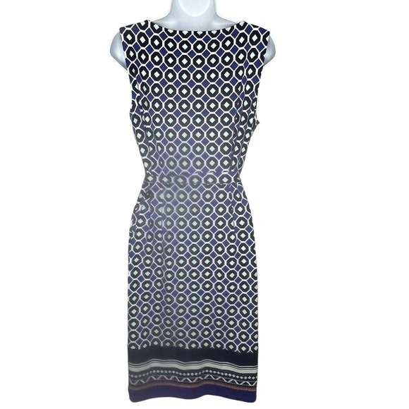 Talbots  A-Line Dress Women's Size M Stretch Knit Belted Geo Print Navy Purple - Picture 2 of 8
